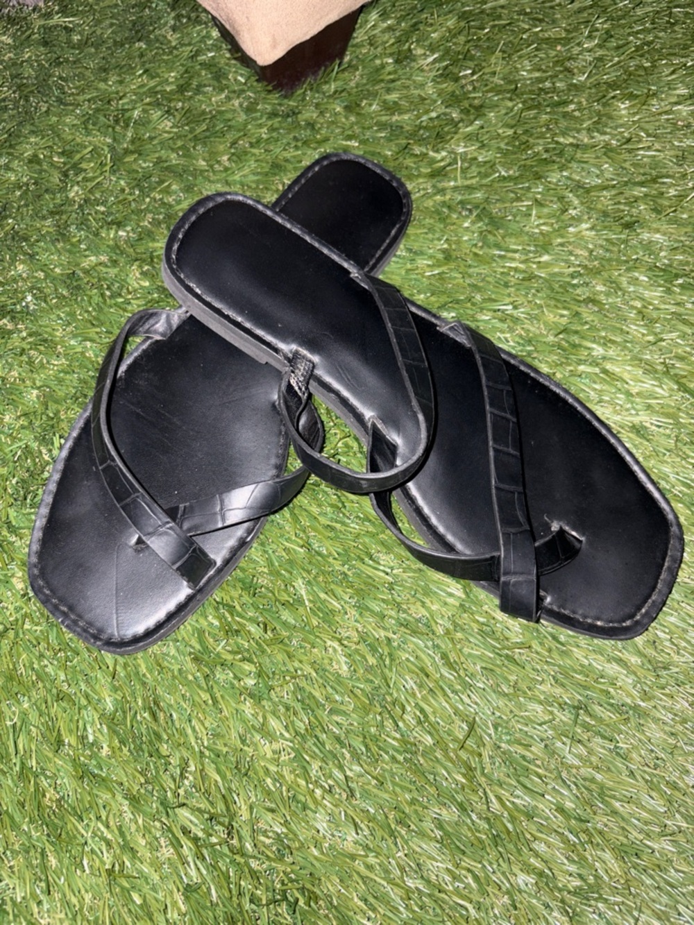Black Strappy Square-Toe Leather Sandals